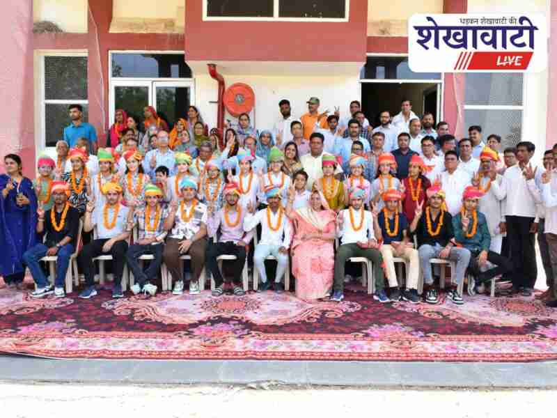 Students being honored with turbans and garlands at Rajasthan Public School Jhunjhunu for scoring above 90% in board exams