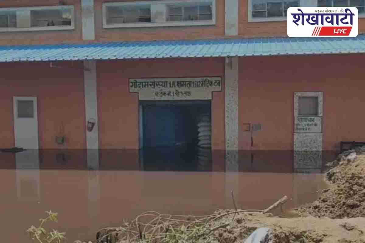 Water-logged FCI godown with damaged grain bags in Sujangarh