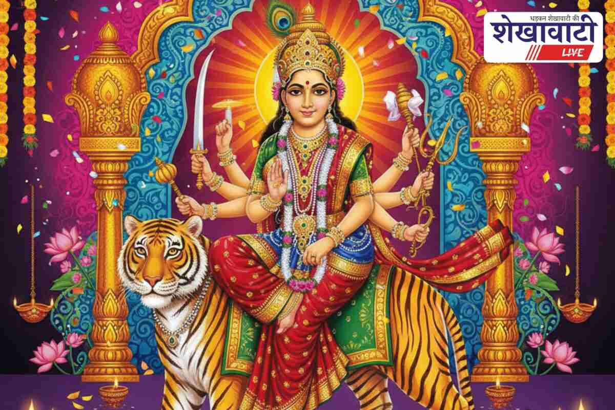 Navratri devotees performing Durga puja with diya and red cloth offerings