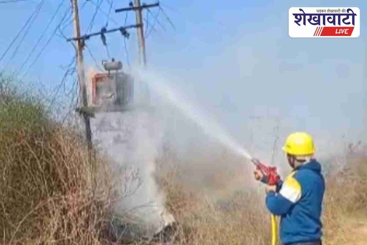Fire brigade team controlling transformer fire in Amarapura Jhunjhunu